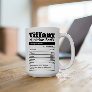 White mug black writing. Custom name nutrion facts mug for black girls. Personalize the name and nutrition facts to suit you or your friends personality. Funny gifts for black women