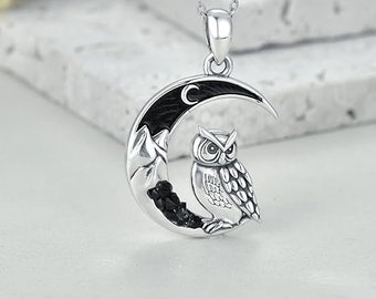 Gothic owl Jewelry Pendant, Sterling Silver, Crescent Moon Necklace for Women, Girls Jewelry Gifts