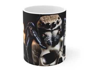 May include: A white ceramic mug featuring a black and white image of a jumping spider perched on a skull. The spider has large, black eyes and a furry brown body.