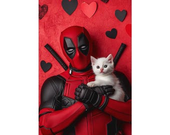 May include: Deadpool, a fictional superhero, is wearing a red and black costume and holding a white kitten in his arms. The background is a red wall with black hearts.
