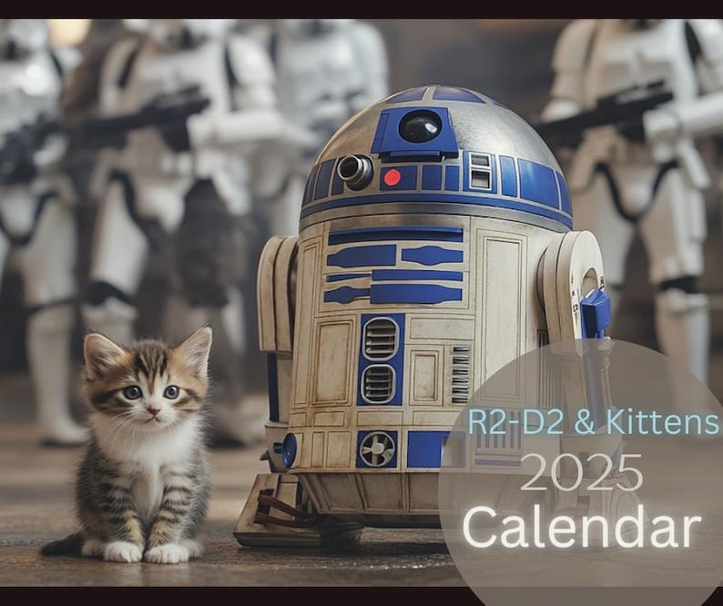 May include: A white and blue R2-D2 robot stands next to a brown and white kitten. The robot is a popular character from the Star Wars franchise. The image is a calendar featuring R2-D2 and kittens. The text on the calendar reads "R2-D2 & Kittens 2025 Calendar".