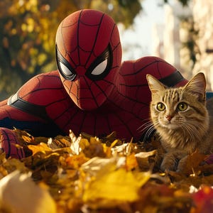 May include: A red and blue superhero costume with a spider logo is lying in a pile of yellow and brown autumn leaves. A brown tabby cat is sitting next to the costume, looking at the camera.