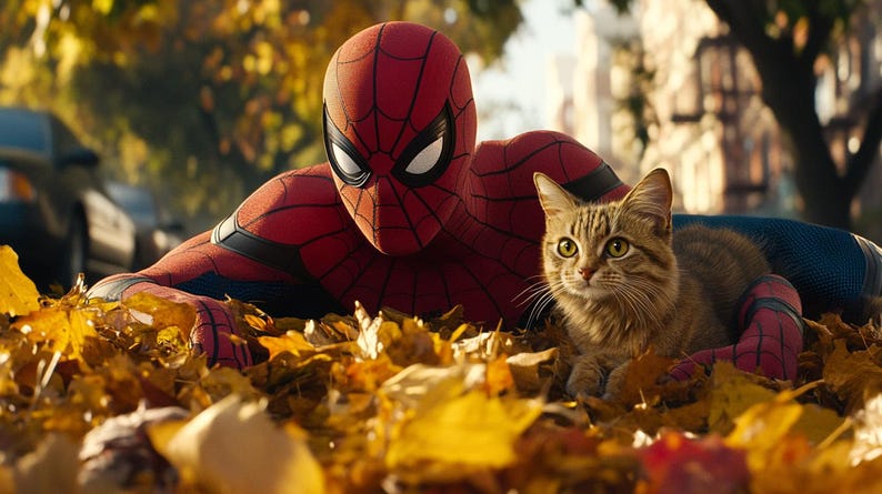 May include: A red and blue superhero costume with a spider logo is lying in a pile of yellow and brown autumn leaves. A brown tabby cat is sitting next to the costume, looking at the camera.