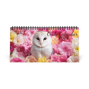 May include: A horizontal wall calendar with a black spiral binding featuring a white barn owl centred against a background of pink, yellow, and white flowers. The text "Owls Calendar 2025" is printed in black in the upper right corner of the cover.