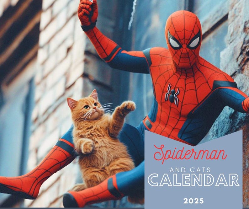May include: A red and blue Spiderman costume with a red and orange cat playing with Spiderman's hand. The image has a blue background with the text "Spiderman and Cats Calendar 2025".