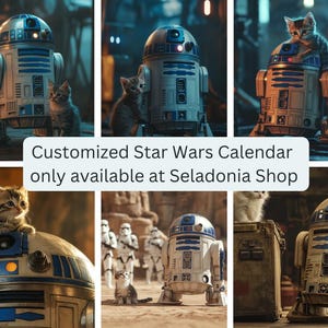 May include: A Star Wars themed calendar featuring a variety of R2-D2 robots with cute kittens sitting on top of them. The calendar is available at the Seladonia Shop.