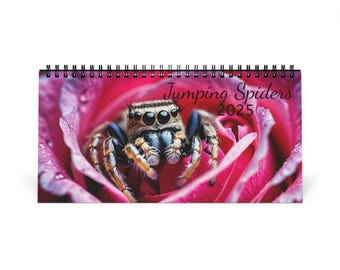 May include: A 2025 calendar featuring a jumping spider on a pink rose. The calendar title is "Jumping Spiders 2025".