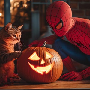 May include: A brown tabby cat sits next to a lit jack-o'-lantern while a person dressed as Spiderman looks at the pumpkin.