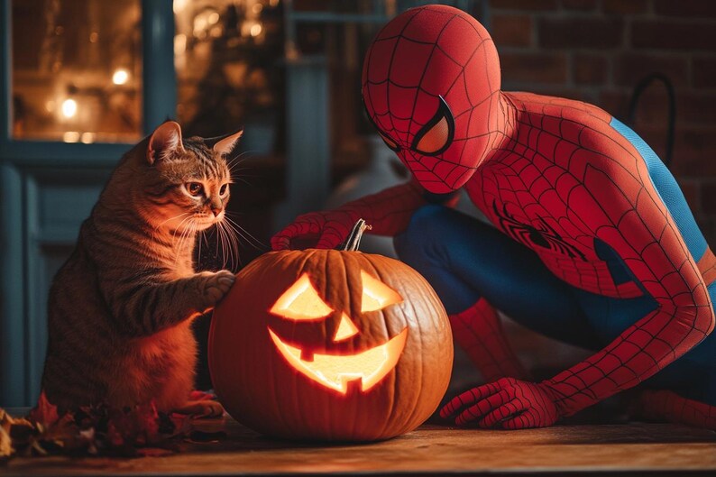 May include: A brown tabby cat sits next to a lit jack-o'-lantern while a person dressed as Spiderman looks at the pumpkin.