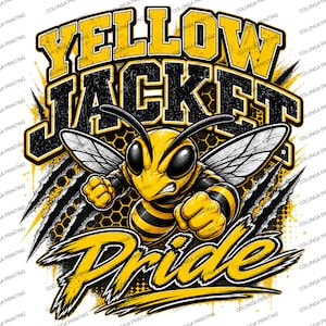 May include: A graphic design featuring a yellow and black wasp with clenched fists, centered over a honeycomb pattern. The text YELLOW JACKET is arched above in yellow and black, while the word PRIDE is written in yellow below the wasp.
