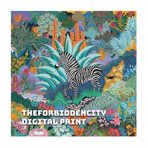 May include: A colourful digital print depicting a zebra walking through a dense jungle scene with vibrant flowers and plants. The text "THEFORBIDDENCITY DIGITAL PRINT" is at the bottom of the image.