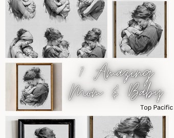 Mom and Baby Pencil Drawing Prints: Mother's Day Nursery Decor (Digital Download)