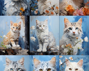 Elegant Cat Oil Painting Prints: Feline Portrait Collection, Set of 7