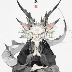 May include: A white, furry creature with antlers and a long, flowing tail sits in a meditative pose. The creature is wearing a black robe and has a serene expression on its face. The Chinese characters "龙虎" are written in black ink above the creature.