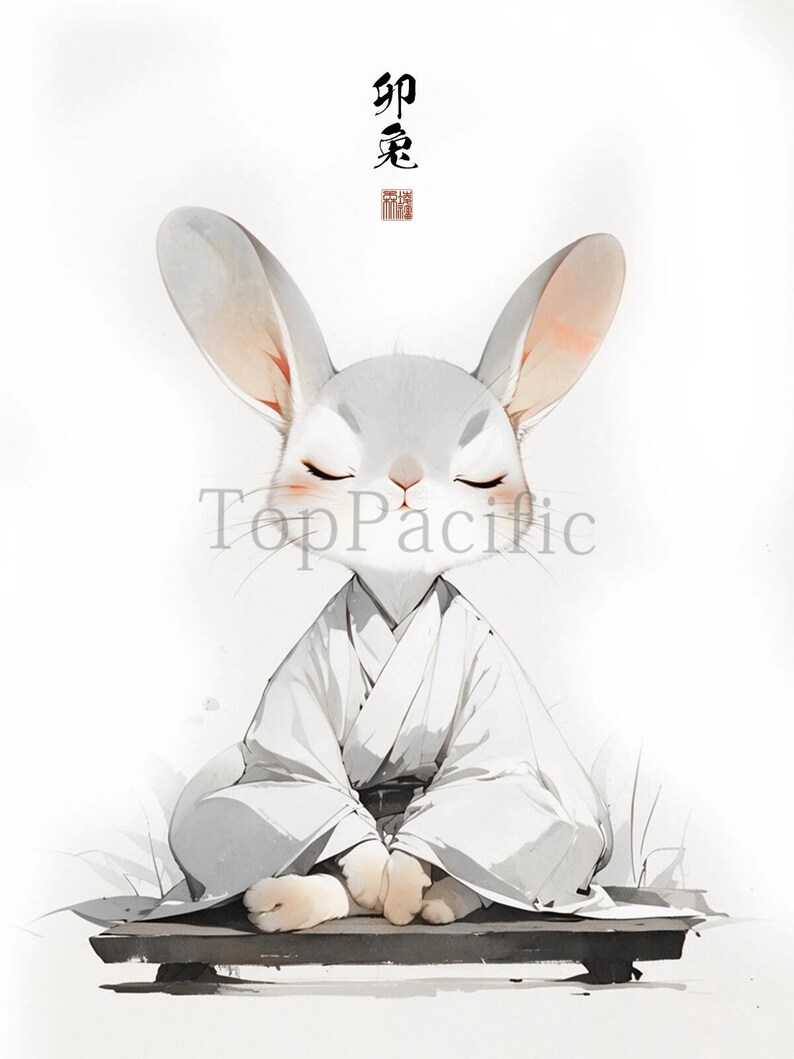 May include: A white rabbit wearing a white robe sits in a meditative pose on a wooden platform. The rabbit has its eyes closed and its paws are crossed. The background is a light gray color with the Chinese characters "静思" (meaning "quiet contemplation") written in black ink.