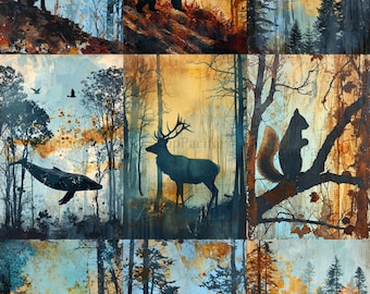 Vintage Forest Animal Oil Painting Art Prints: Set of 7 (Digital Download)