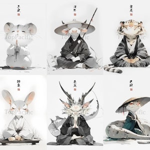 Impressões de arte do zodíaco chinês Zen primeiro conjunto de 6 - Rato, Boi, Tigre, Coelho, Dragão, Ilustrações de lavagem de tinta de cobra - Decoração de arte de parede do Budismo Zen