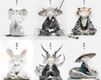 Zen Chinese Zodiac Art Prints: Ink Wash Illustrations (Set of 6)