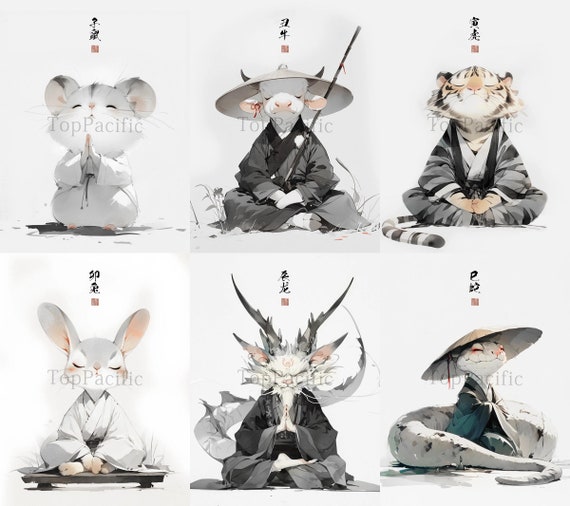 Zen Chinese Zodiac Art Prints: Ink Wash Illustrations (Set of 6)