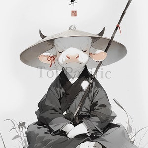 May include: A white cow wearing a traditional Japanese hat and robe, holding a staff. The cow is sitting in a meditative pose with its eyes closed. The image is in a traditional Japanese style with a white background and black and gray brushstrokes.