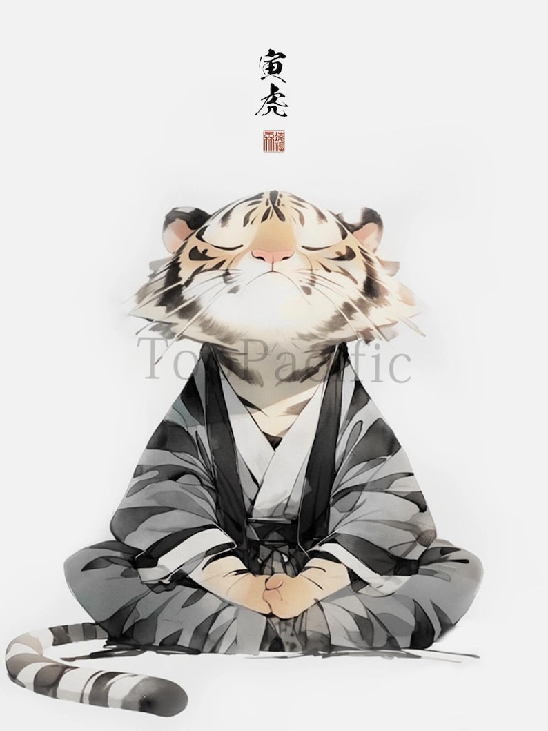 May include: A watercolor painting of a tiger meditating in a traditional Japanese robe. The tiger has its eyes closed and its paws crossed in front of it. The painting is done in shades of gray and white, with a touch of brown for the tiger's fur. The word "禪" is written in black ink above the tiger.