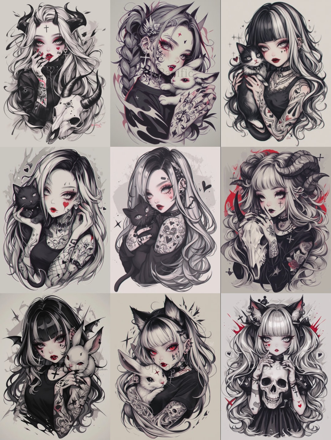 Gothic Girl Tattoo Flash Art Prints: Dark Romance Designs, Set of