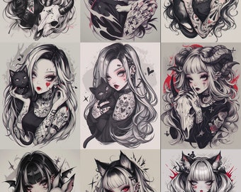 Gothic Girl Tattoo Flash Art Prints: Dark Romance Designs, Set of 9