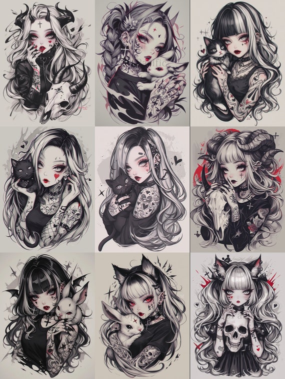 Gothic Girl Tattoo Flash Art Prints: Dark Romance Designs, Set of