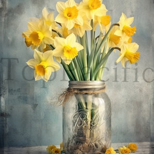 Daffodil Bouquet Metal Sign: Vintage Mason Jar, Rustic Farmhouse Decor (12x8)