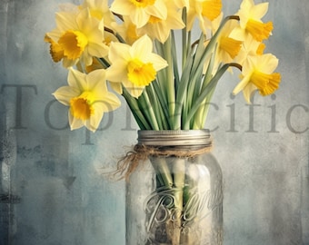 Daffodil Bouquet Metal Sign: Vintage Mason Jar, Rustic Farmhouse Decor (12x8)