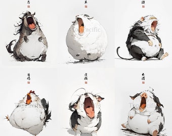 Yawning Zodiac Animals Art Prints: Sleepy Chinese Horoscope Nursery Decor