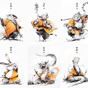 Martial Arts Zodiac Animal Art Prints: Kung Fu Warriors, Eastern Decor (Set 1)