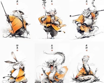 Martial Arts Zodiac Animal Art Prints: Kung Fu Warriors, Eastern Decor (Set 1)