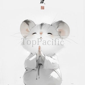 May include: A white mouse with closed eyes is sitting with its hands clasped in prayer. The mouse is wearing a white robe with a black sash. The word "真" is written in black above the mouse. The word "禪" is written in red below the mouse.