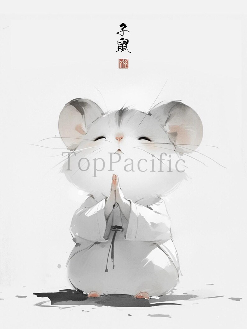 May include: A white mouse with closed eyes is sitting with its hands clasped in prayer. The mouse is wearing a white robe with a black sash. The word "真" is written in black above the mouse. The word "禪" is written in red below the mouse.