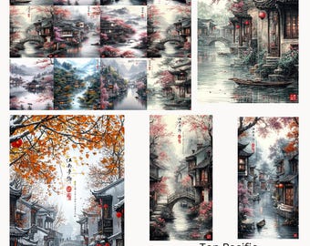 Chinese Ink Wash Art Prints: Hometown Landscape Set (Digital Download)