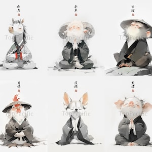 Zen Chinese Zodiac Art Prints: Ink Wash Illustrations (Set of 6)
