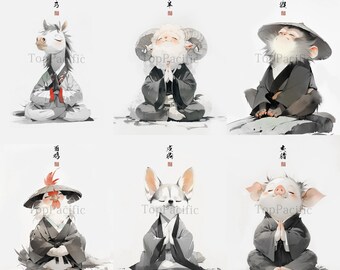 Zen Chinese Zodiac Art Prints: Ink Wash Illustrations (Set of 6)