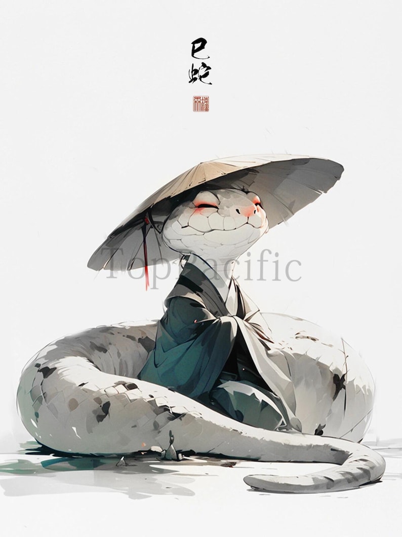 May include: A white snake wearing a traditional Japanese straw hat and a blue robe, sitting on its tail. The snake has a friendly expression and is smiling. The background is white with the Chinese characters for "White Snake" written in black.