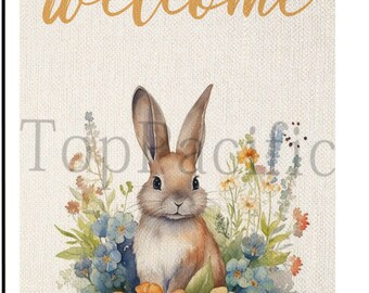 Rabbit Welcome Garden Flag: Buffalo Plaid Linen, Farmhouse Decor