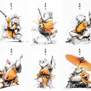 Chinese Zodiac Animal Warrior Art Prints: Kung Fu Decor Set
