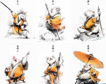 Chinese Zodiac Animal Warrior Art Prints: Kung Fu Decor Set