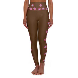 Yoga Leggings, Brown Floral Print, Women&#39;s Activewear, Workout Pants, High Waist Leggings, Fitness Apparel
