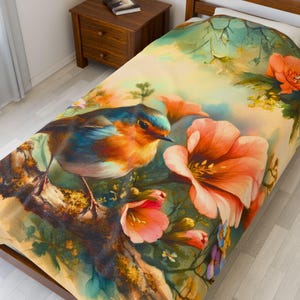 Velveteen Plush Blanket - Robin and Flowers Bird Lovers Gift, Nature Inspired Cozy Throw, Wildlife Enthusiast Home Decor, Spring Blankie,