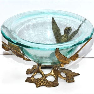Vintage Brass Angel Cherub Base with Teal Blue Green Color Glass Bowl