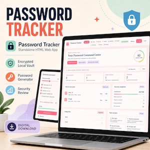 May include: A digital password tracker web application displayed on a laptop and a mobile device screen. The interface features a light pink dashboard with sections for recent accounts, security snapshots, and fast actions, including a password generator tool.