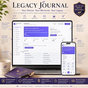 May include: A digital life journal interface displayed on a laptop and smartphone screen, featuring a purple and white dashboard with sections for memories, timeline, family tree, letters, and photos, accompanied by a purple notebook and mug.