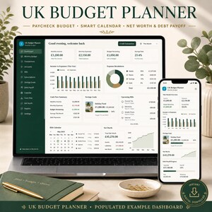 May include: A digital UK Budget Planner displayed on a laptop screen and a smartphone, featuring a dashboard with financial charts, income, expenses, savings goals, and a bills calendar. A green notebook and a gold pen sit on the desk nearby.