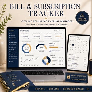 May include: A digital bill and subscription tracker displayed on a laptop and tablet screen. The interface shows financial dashboards, recurring cost trends, and a payment calendar. A navy blue notebook with gold text and a gold pen are also visible.