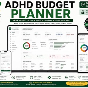 Peut inclure: Un outil de planification budgétaire TDAH numérique affiché sur un écran d'ordinateur portable, de tablette et de smartphone. L'interface présente des tableaux de bord financiers avec des graphiques et des suivis. Texte : ADHD BUDGET PLANNER.